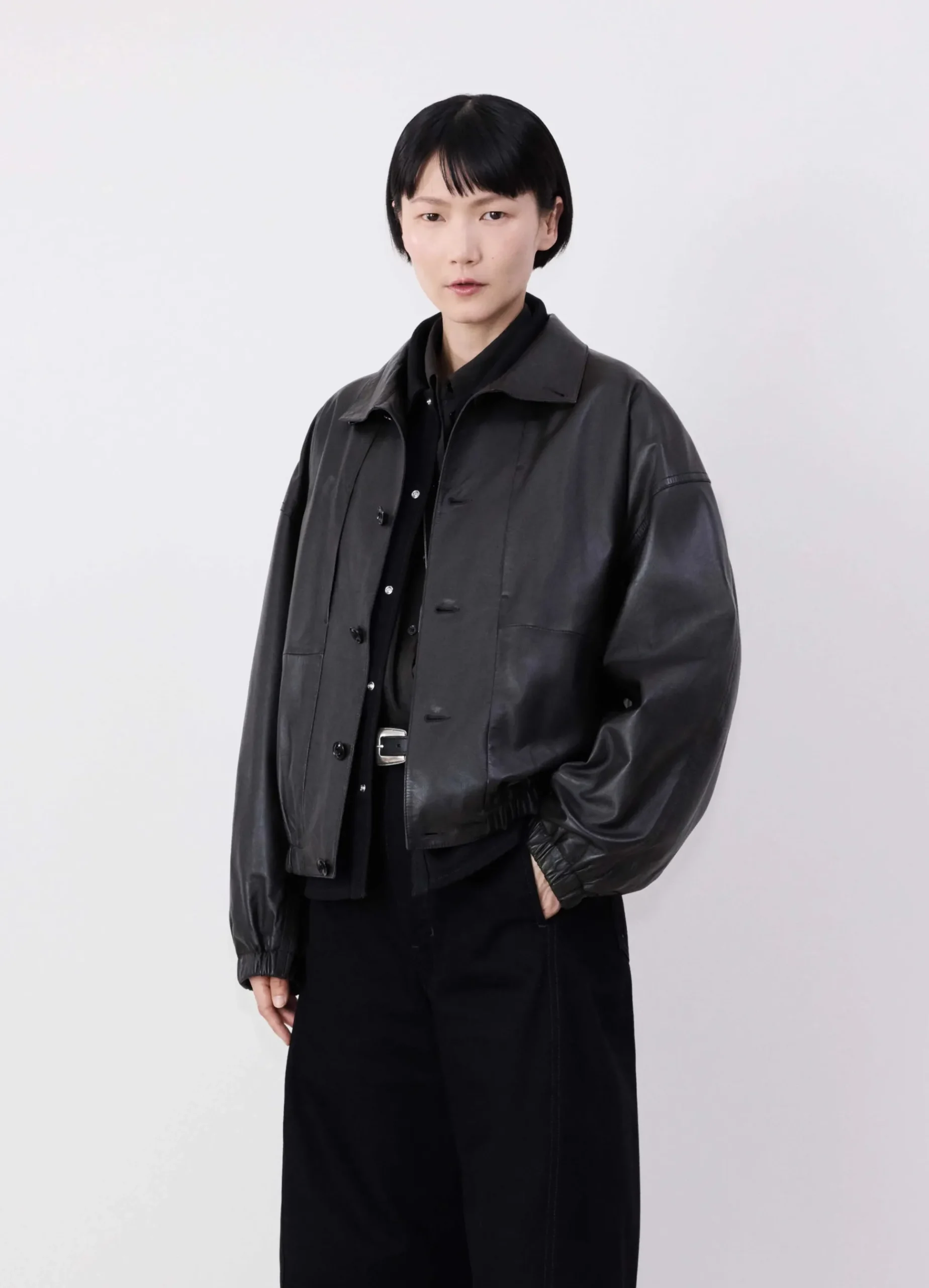 Best Sale BLOUSON EN CUIR À COL DROIT Femme Vestes & Outerwear