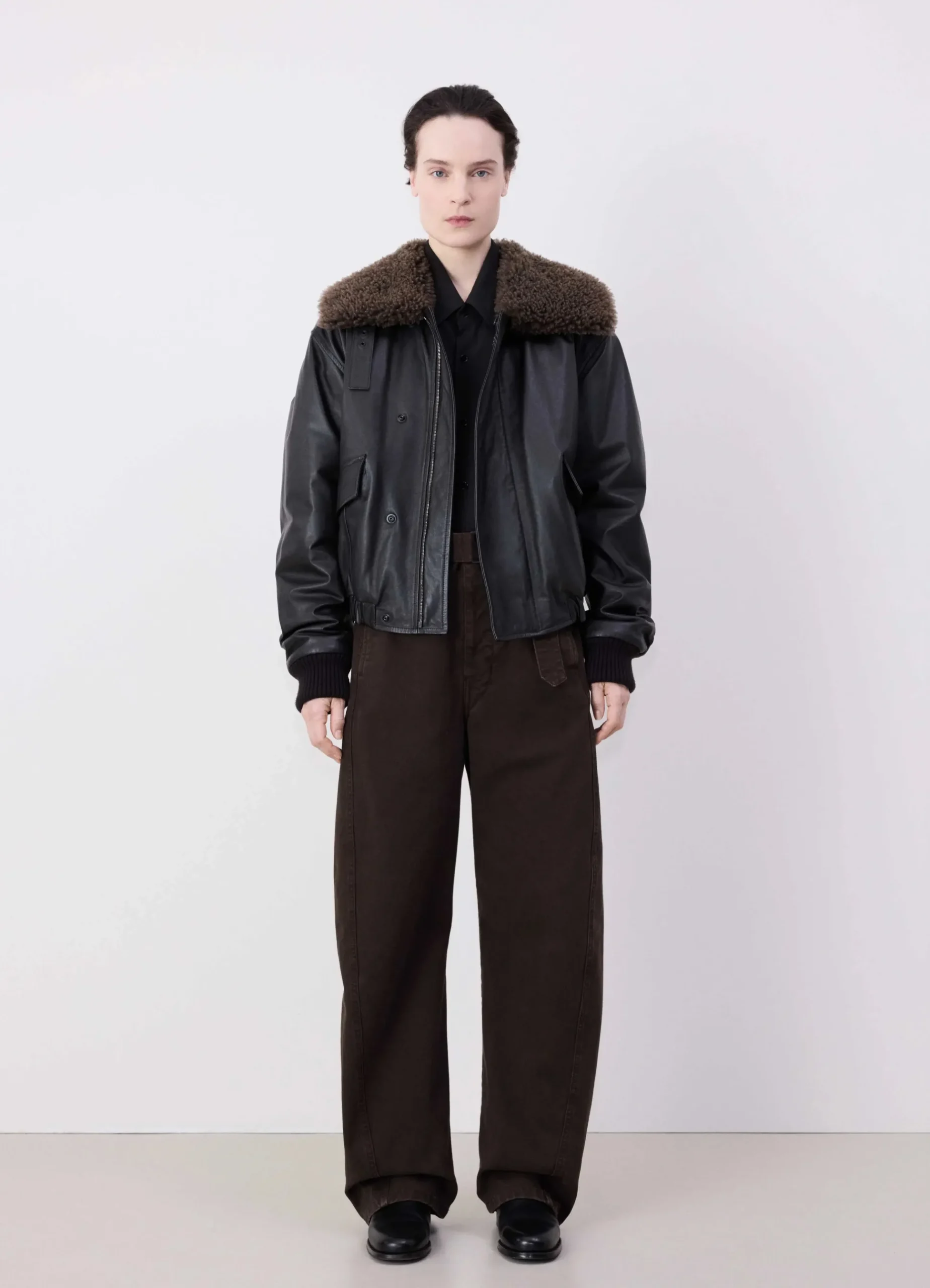Clearance BLOUSON EN CUIR À COL SHEARLING Femme Vestes & Outerwear